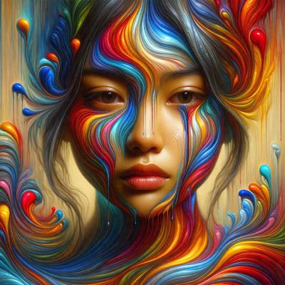 The primary subject of the image is a woman with a vibrant and colorful appearance. She is the main focus of the image, and her face is painted with a variety of colors, giving her a unique and artistic look. The setting is a painting or digital artwork, showcasing the woman's face as the main subject. The visual style is a combination of photo and digital art, creating a striking and eye-catching image. The colors and mood of the image are lively and energetic, with